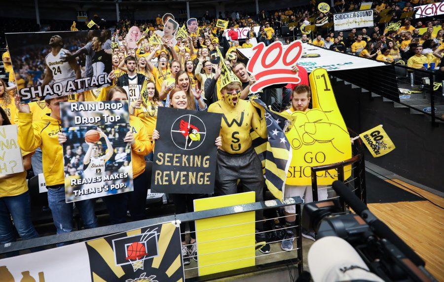 File photo: Wichita State fans get hype for the TV cameras before the game against the Illinois State Redbirds. (Feb. 4, 2017)