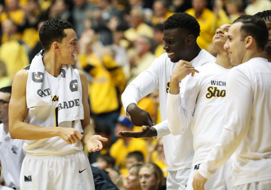 Wichita+State%E2%80%99s+Landry+Shamet+%2811%29+and+Eric+Hamilton+%2825%29+celebrate+during+the+game+against+Illinois+State+in+Koch+Arena.+%28Feb.+4%2C+2017%29