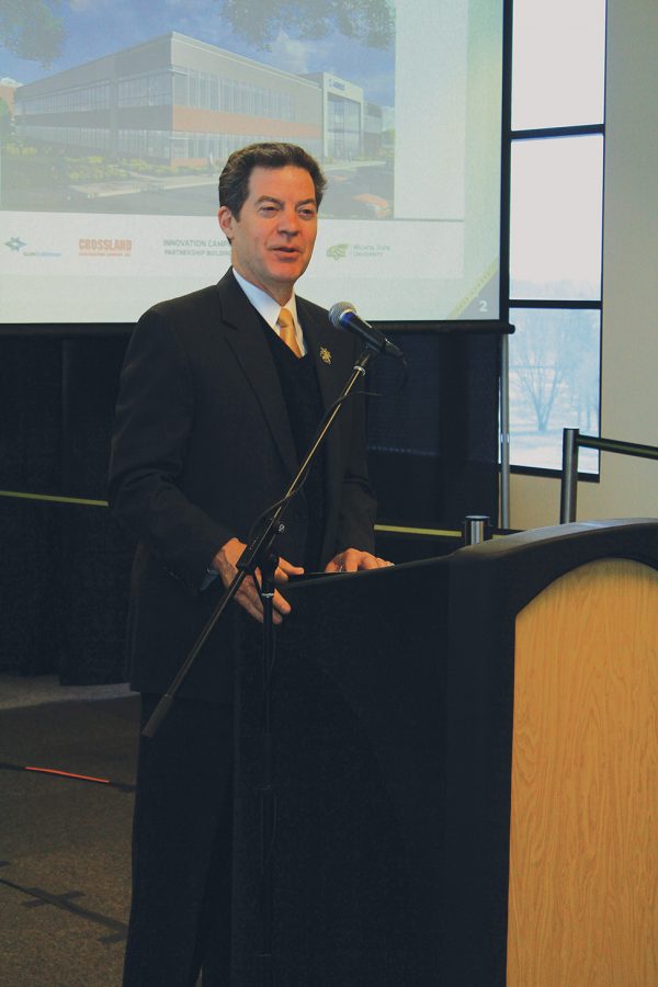 Gov. Sam Brownback speaks at Wichita State in 2015.