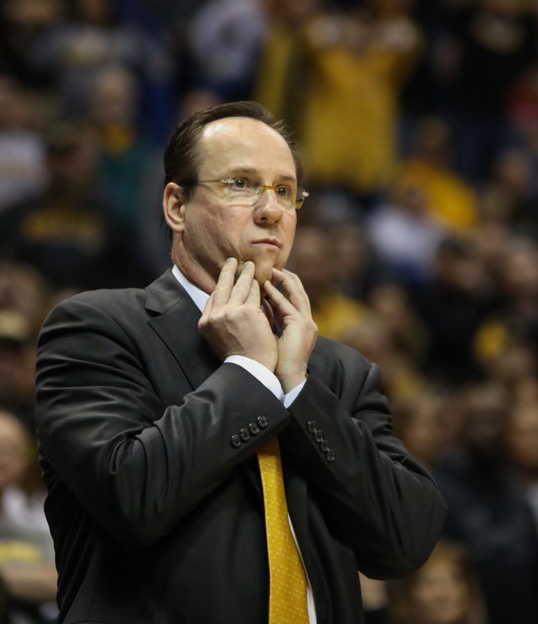 Coach Gregg Marshall looks worriedly toward his team early in the game.