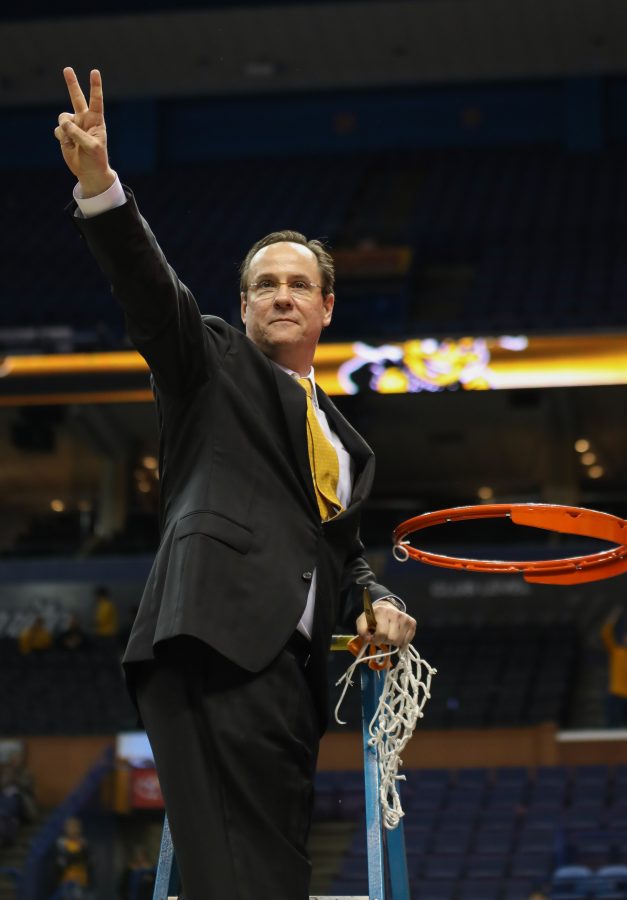 Head coach Gregg Marshall gestures to the fans. Marshall made a point to turn to each side of the arena and thank the fans for their support.