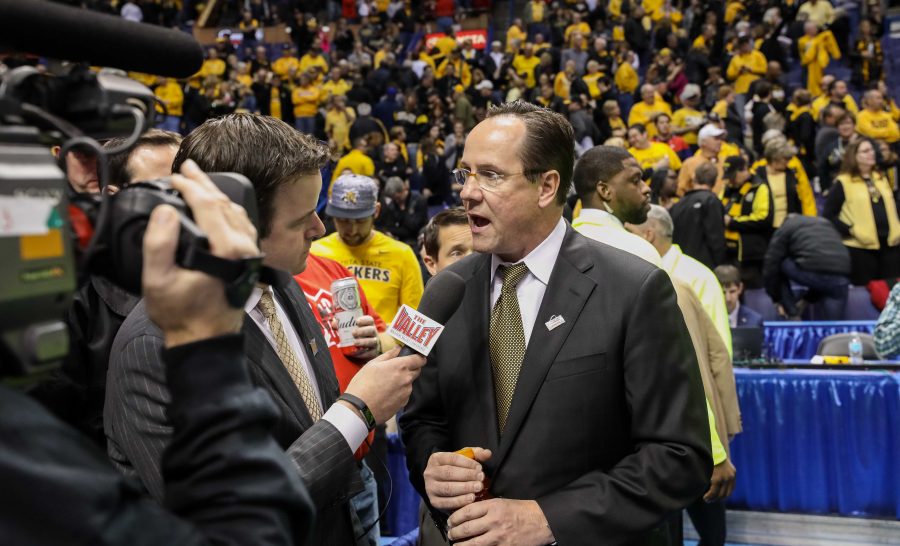 Coach+Gregg+Marshall+talks+to+reporters+after+his+Shockers+beat+the+Bradley+Braves+82-56.