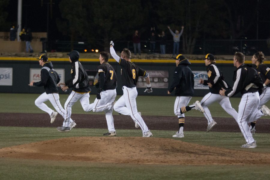 Shockers rush out onto the field to celebrate their victory against Valparaiso Friday evening. 