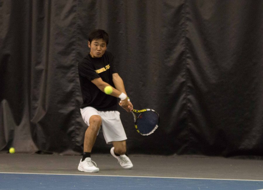 Sophomore Haru Inoue volleys the ball back to a Cornell player on March 11. Wichita State lost their match against MVC-foe Drake on Saturday afternoon.