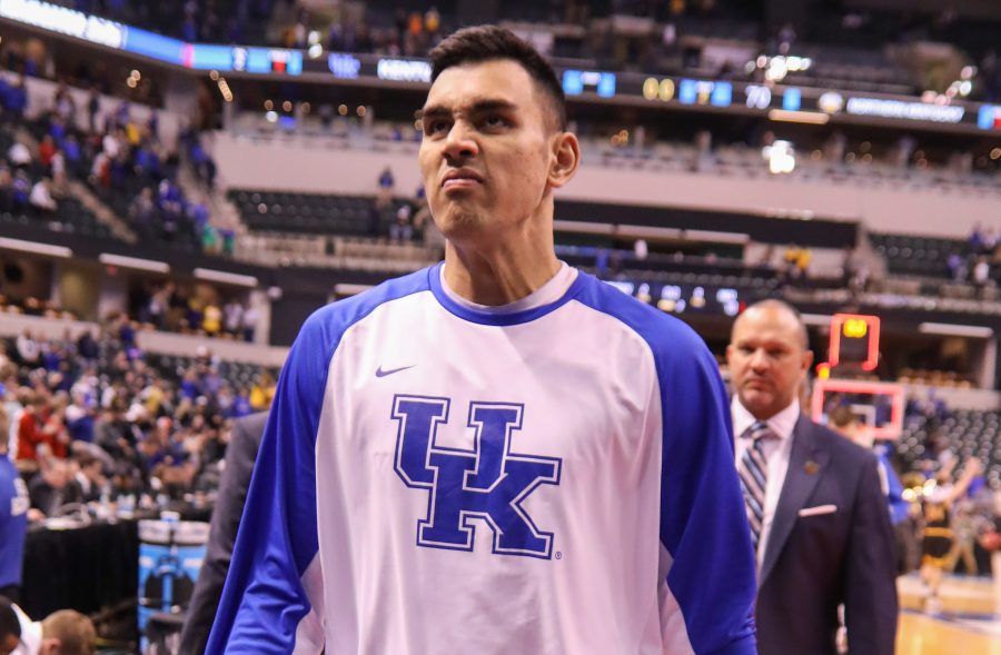 A Kentucky player walks to the locker rooms after their victory over Northern Kentucky in the first around of the NCAA tournament. (Mar. 18, 2017)