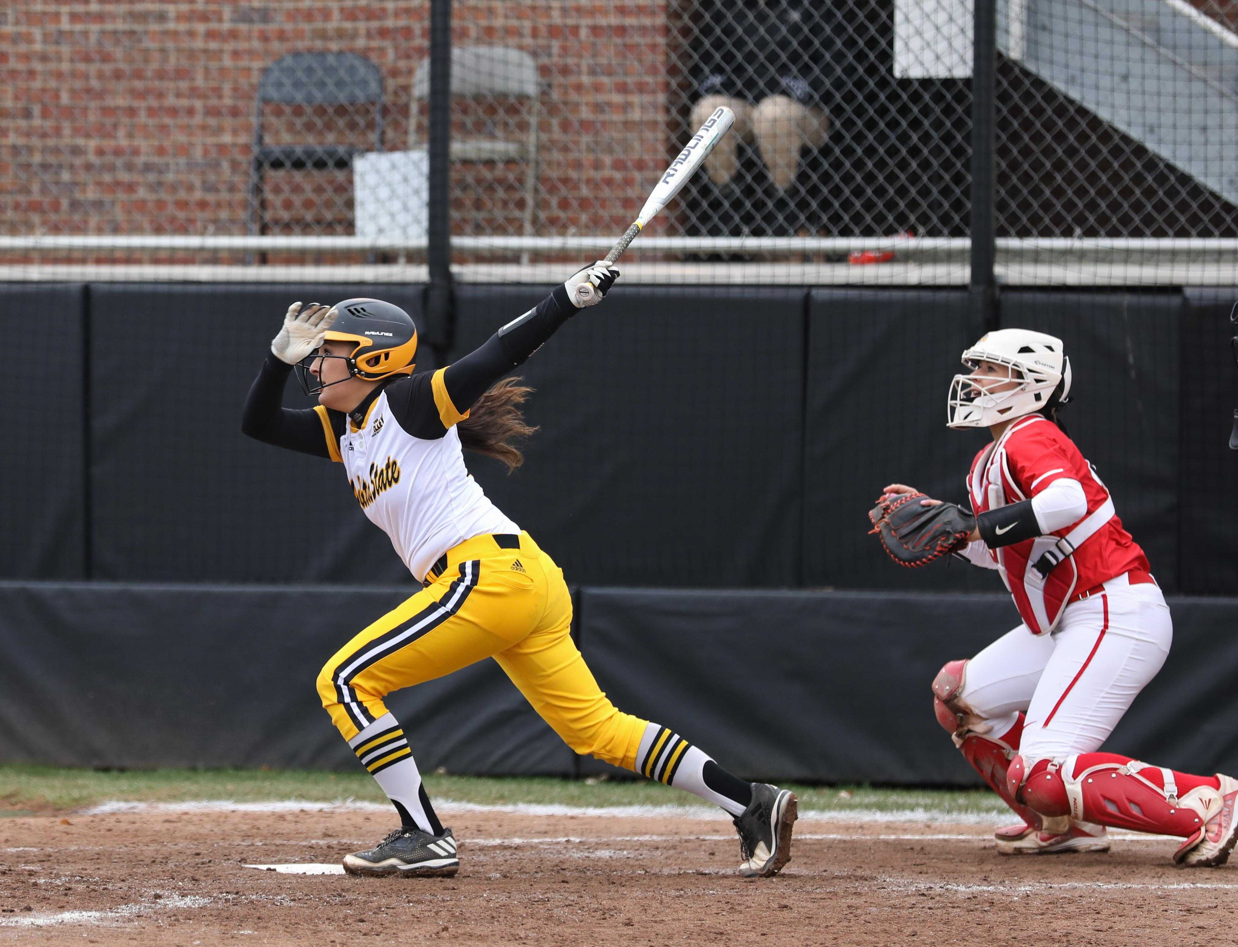 Wichita State freshman Madison Perrigan (00) looks on after a hit Saturday afternoon against Illinois State. (Mar. 25, 2017)