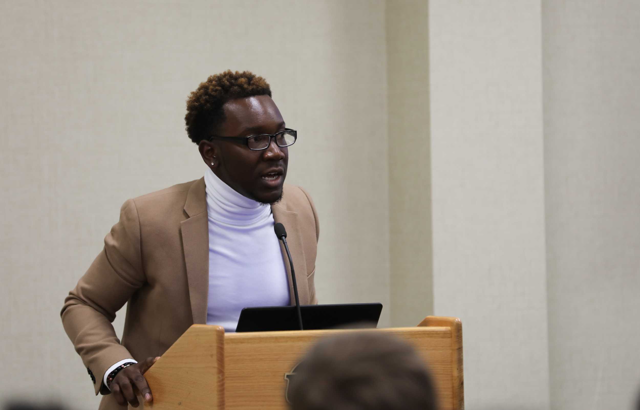 Student body president Joseph Shepard addresses the crowd during the open forum portion of the student fees hearing. (Mar. 1, 2017)