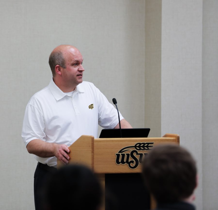 John Tomblin, vice president for research and technology transfer, speaks at a student government association meeting. Tomblin is the president of the nonprofit organization that manages Innovation Campus. (File photo; Mar. 1, 2017)
