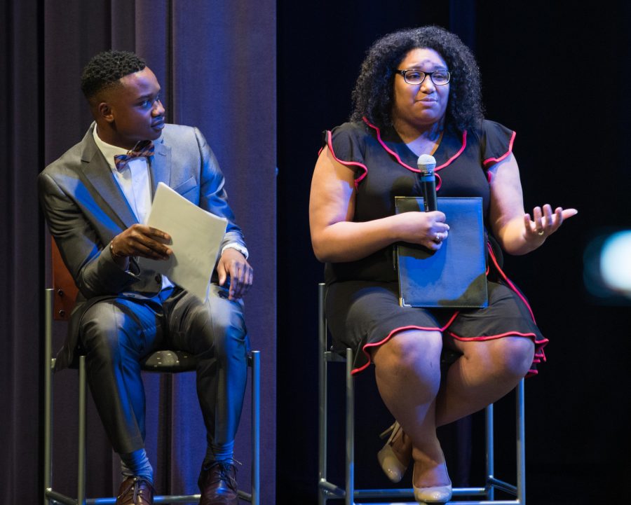 SGA presidential candidate Tracia Banuelos and her running mate Ricky Oshakuade answers questions during the SGA presidential debate held in CAC theater.