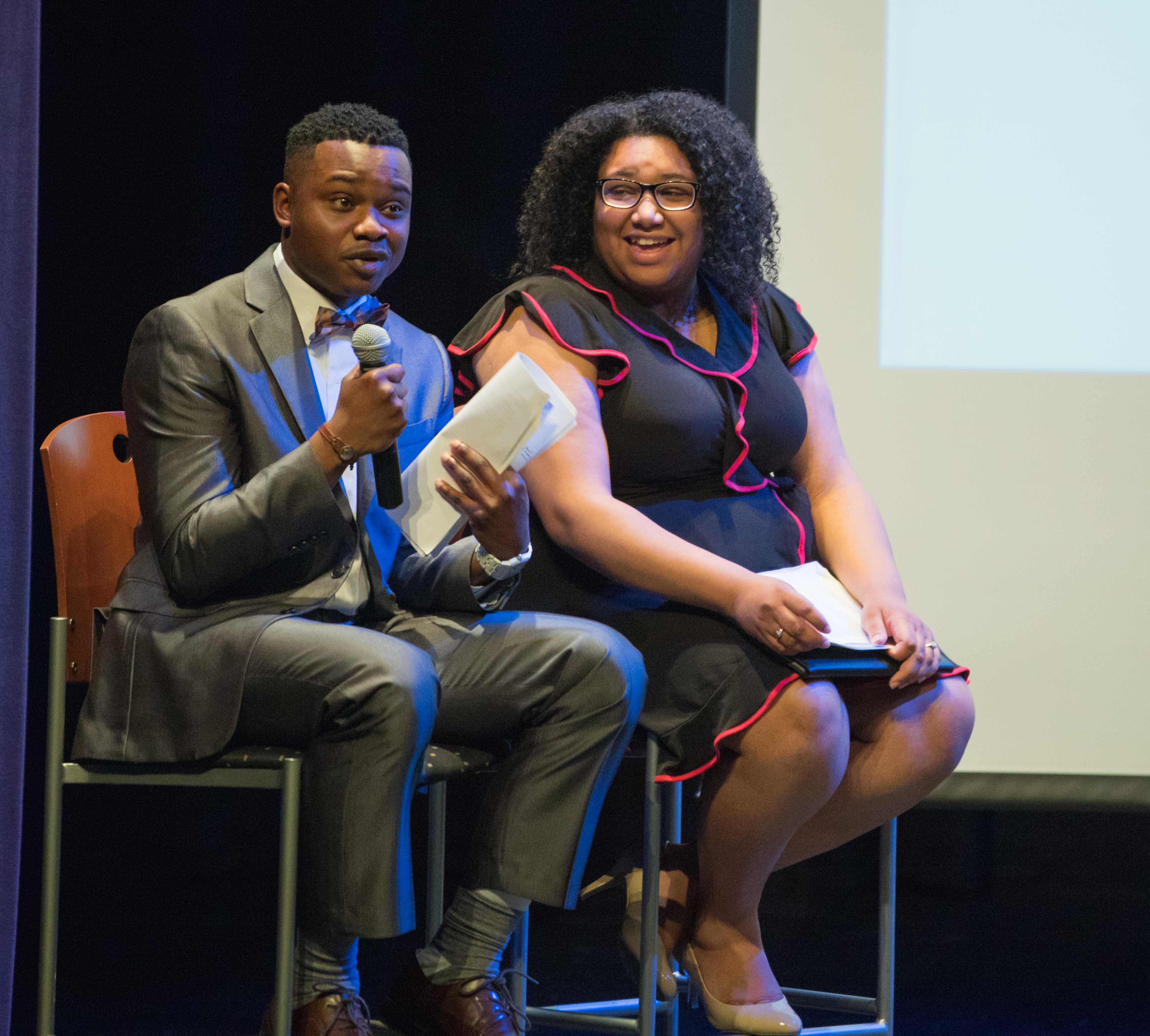 Ricky Oshakuade, vice presidential candidate and presidential candidate Tracia Banuelos answers questions from the audience at the SGA presidential debate in the CAC theater.