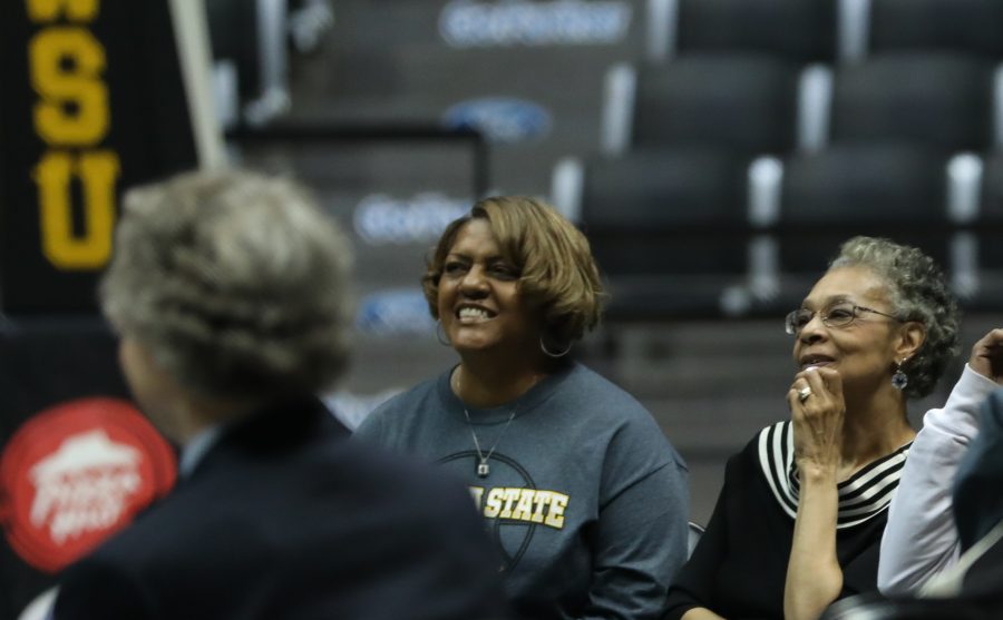Gloria Stallworth, right, watches as friends and teammates of her late husband share their memories of him during the memorial serve in Koch Arena. (Mar. 24, 2017)