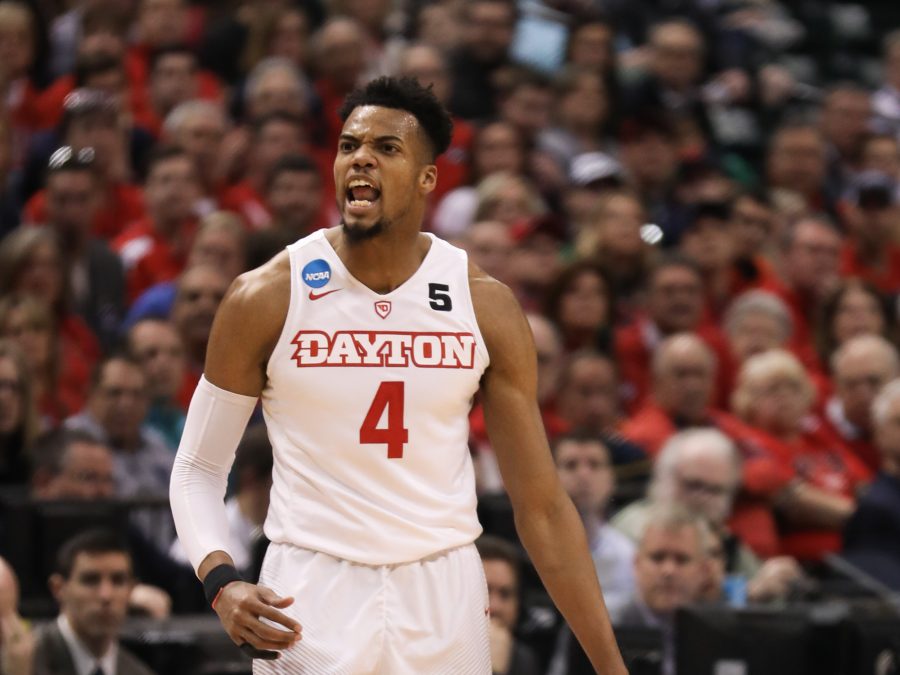 Dayton’s Charles Cooke shouts getting a foul in the first half against at Bankers Life Fieldhouse in Indianapolis. (Mar. 17, 17, 2017)