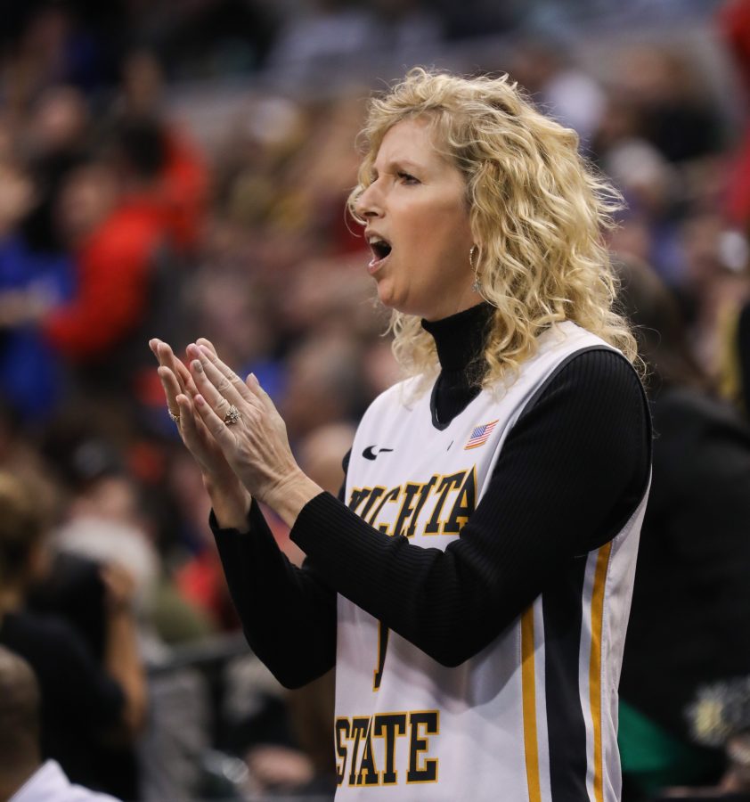Lynn Marshall, Gregg Marshall’s wife, cheers in the first half at Bankers Life Fieldhouse in Indianapolis. The shockers beat the Flyers 64 – 58 (Mar. 17, 17, 2017)