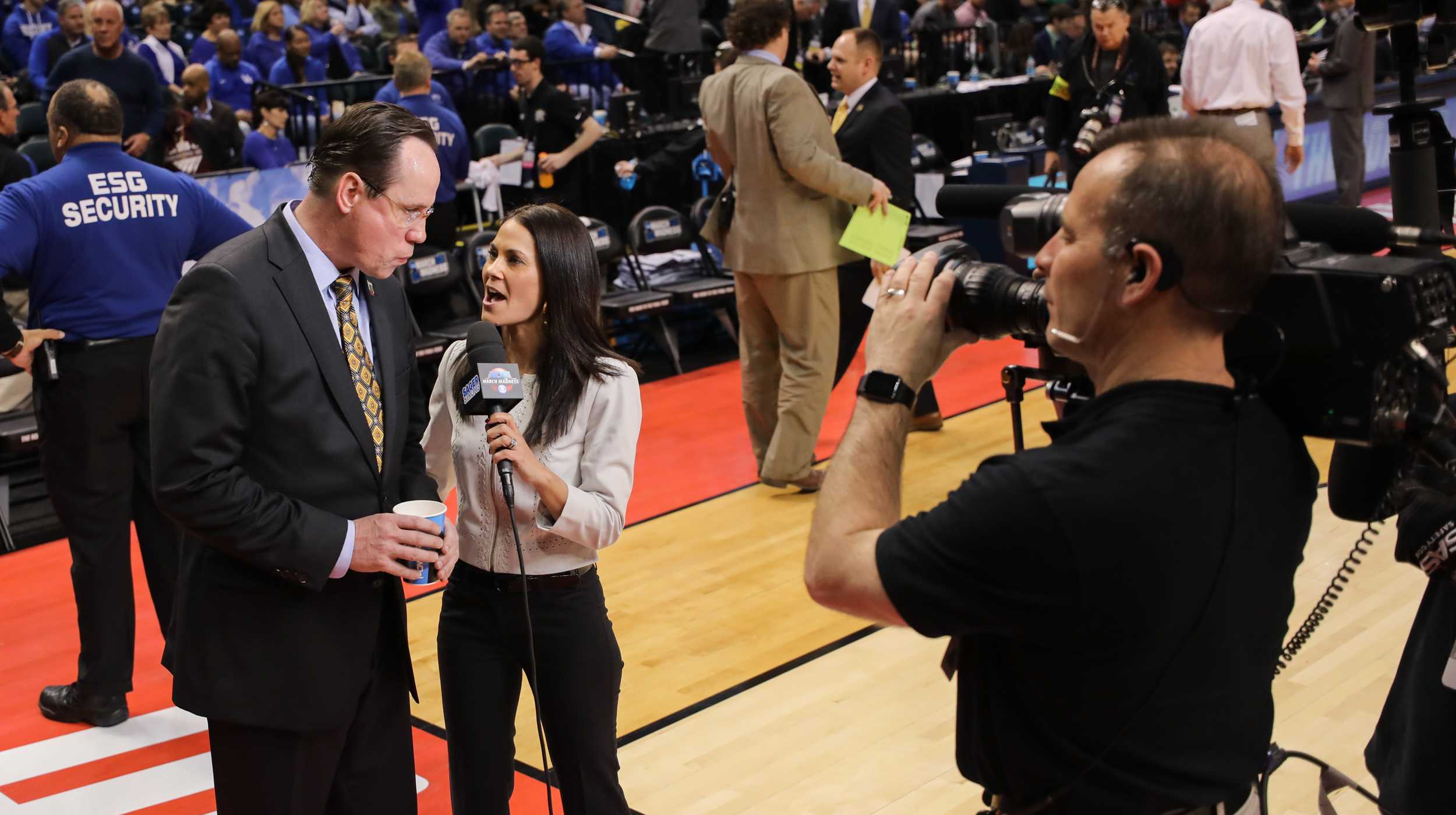 Wichita State head coach Gregg Marshall talks to CBS news anchor after the Shockers’ 64 – 58 victory over the Dayton Flyer at Bankers Life Fieldhouse in Indianapolis. (Mar. 17, 2017)