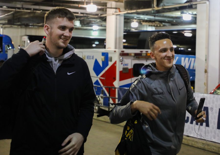 Wichita State’s Brett Barney and Landry Shamet enter Bankers life fieldhouse for press conferences and practices. The Shockers are set to play Dayton in the first round of NCAA Tournament. (Mar. 16, 2017)