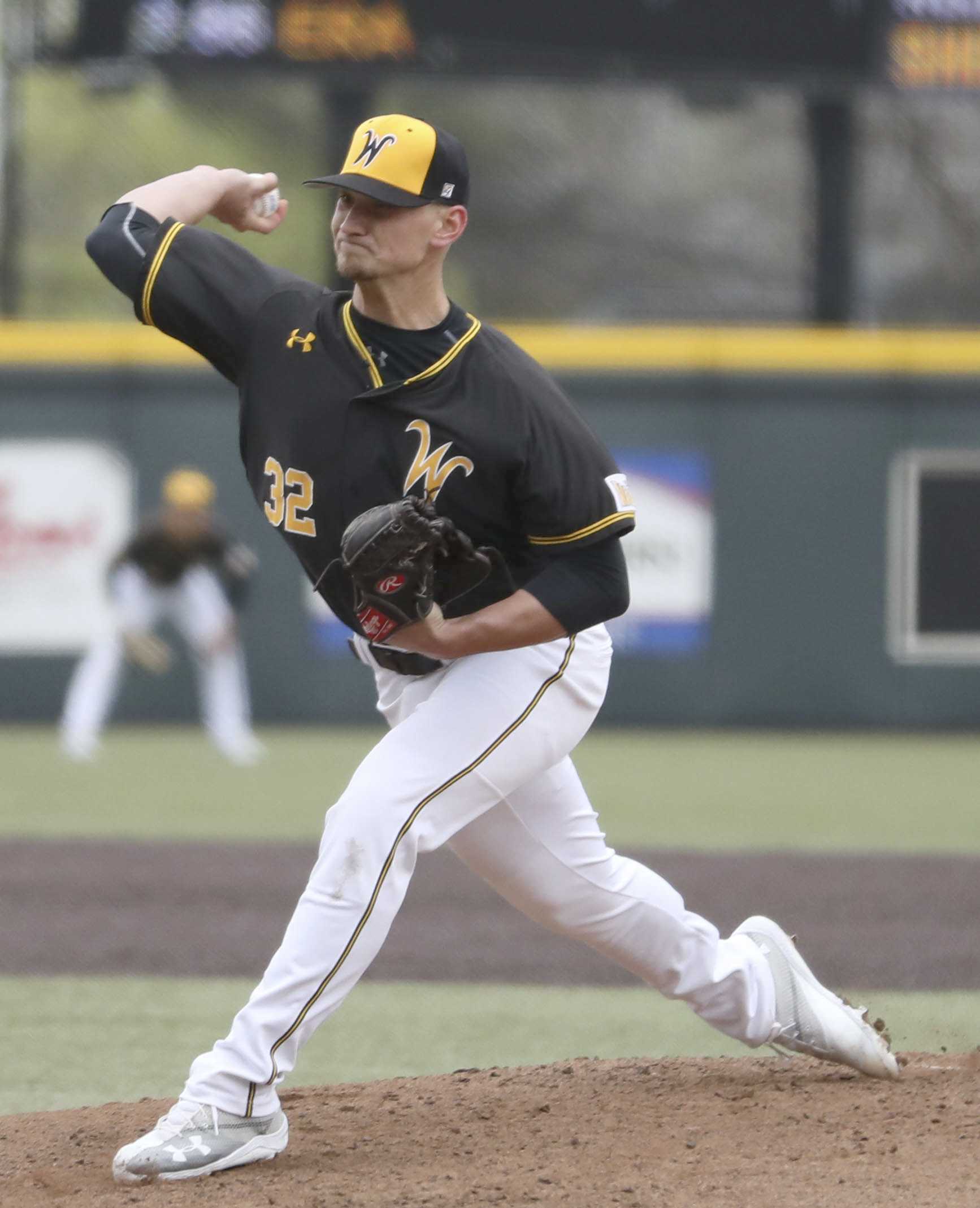 Wichita State pitcher Zach Lewis pitches to Texas Tech batter in the second game of the three game home series in Eck Stadium. (Mar. 26, 2017)