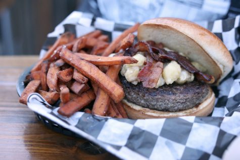 A burger and sweet potato fries from Dempseys.