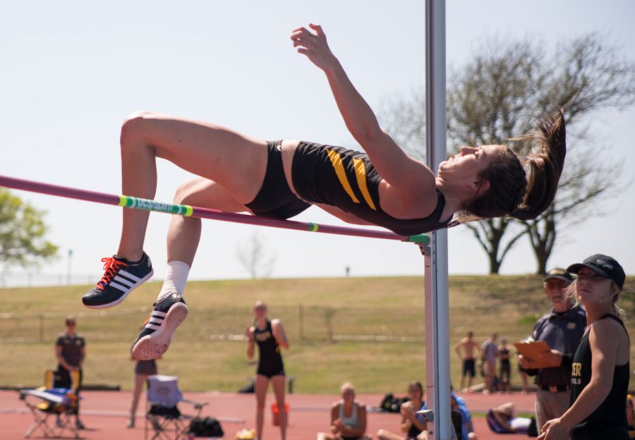 File Photo: Nikki Larch-Miller high jumps Tuesday in Cessna Stadium during the K.T. Woodman Multi-Events. Larch-Miller won the Heptathalon with a point total of 5,551. (April 11, 2017)