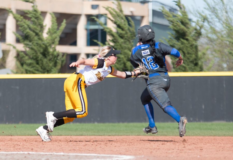 Senior Kelli Spring tags an Indiana State player during a double play in the top of the fifth inning of Fridays first game. 