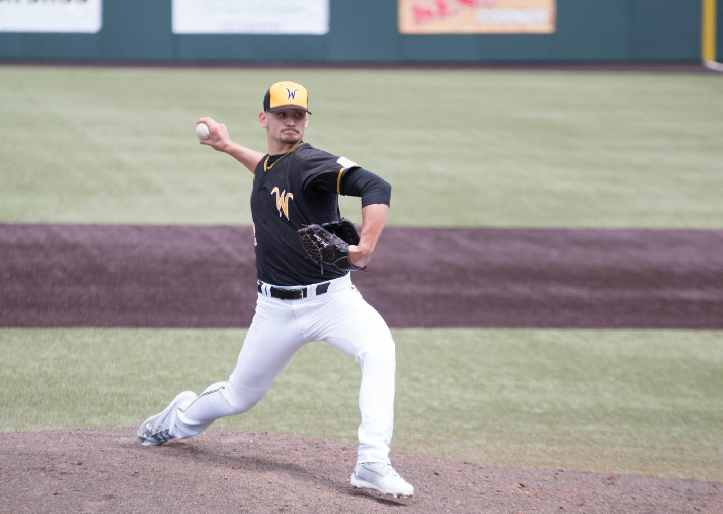 Wichita State pitcher Zach Lewis pitches during the first game against Illinois State at Eck Stadium (April 28, 2017)