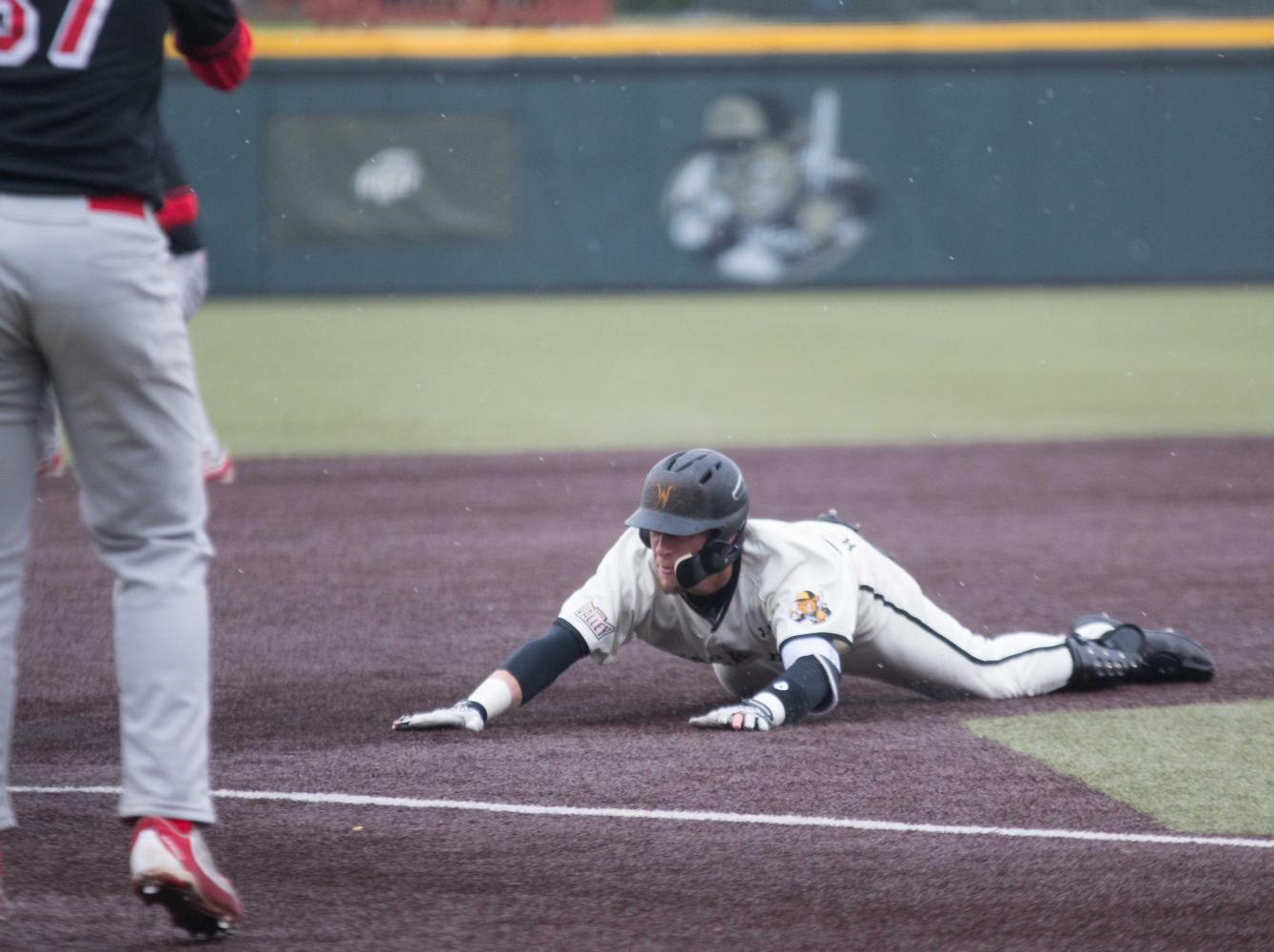 Wichita State infielder Jordan Boyer slides to third base during the game against Illinois State at Eck Stadium (April 29, 2017)