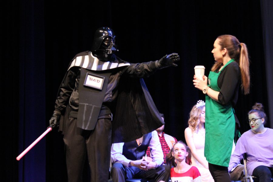 Freshman LeAnn Michelle plays a barista who is seen to be frightened by Darth Vader. LeAnn is a new member of Delta Delta Delta.