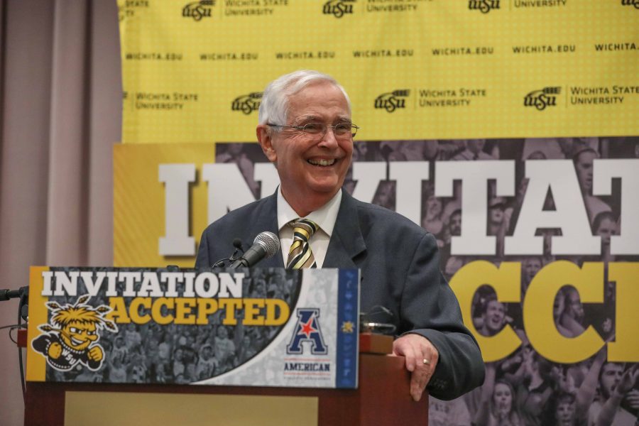 Wichita State President
John Bardo
speaks during a press
conference announcing
Wichita State’s
acceptance into the
American Athletic Conference.
(April 7, 2017)