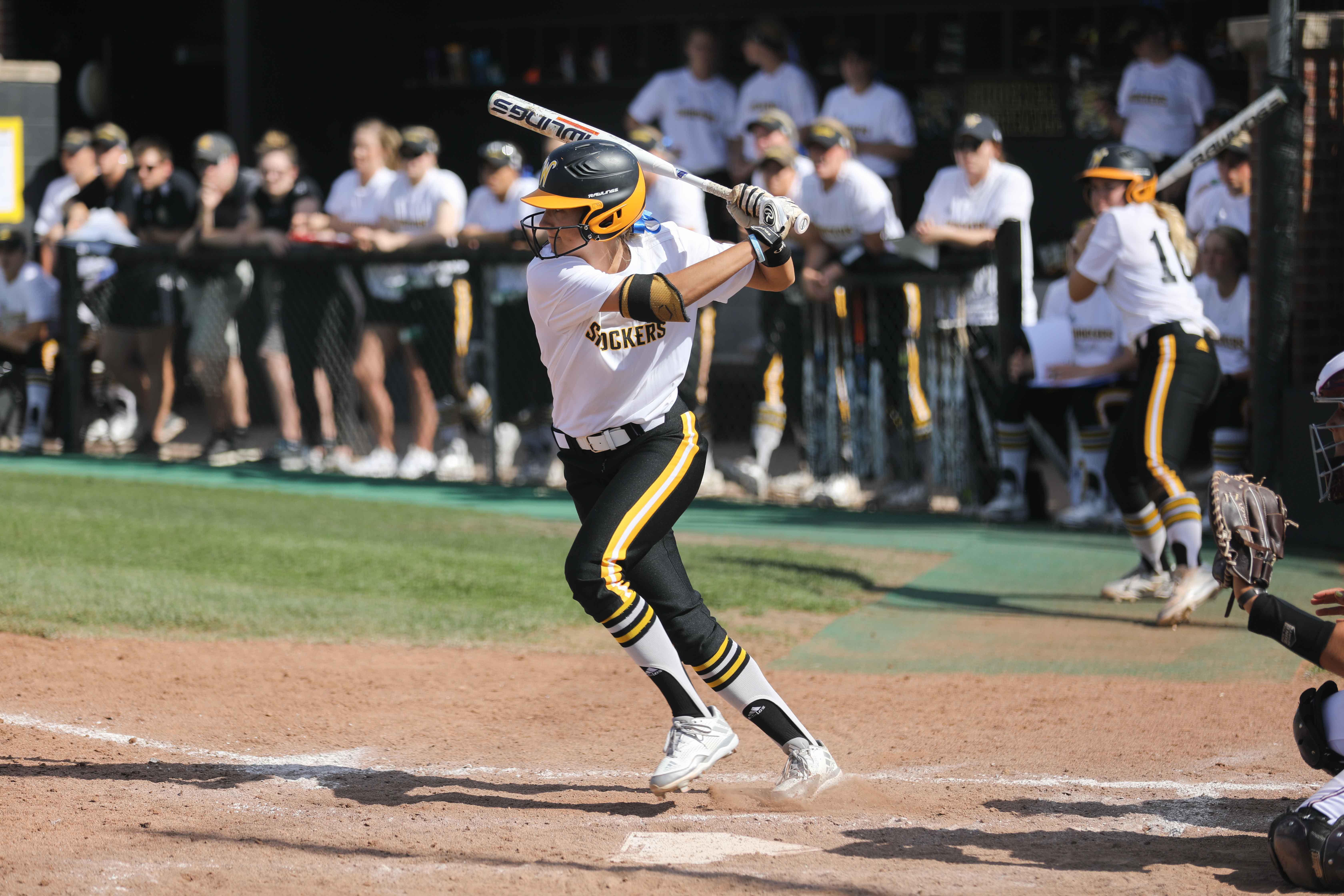 Wichita State senior Ashley Johnson (5) prepares to swing Wednesday against Missouri State. (Apr. 19, 2017)