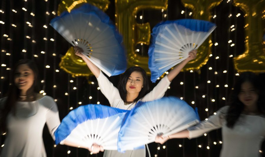 Vietnamese Student Association performs the Fan Dance during the Malaysian Night held in Beggs Ballroom. (April 22, 2017)