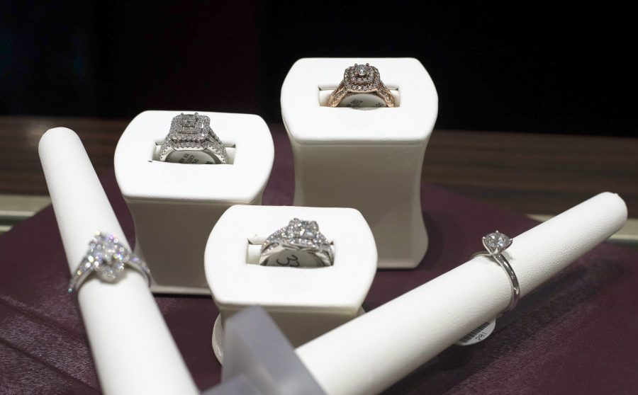 A variety of rings ranging from $3,599 to $19,999 at Helzberg Diamonds in Town East.