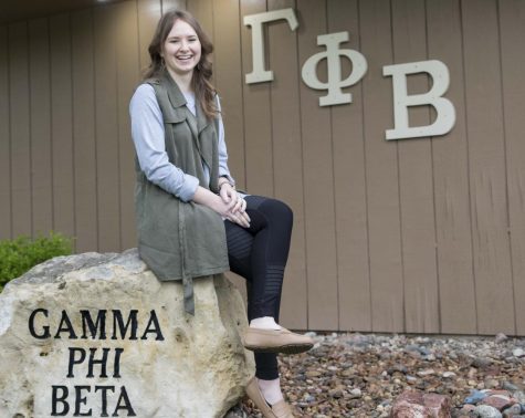 Emily Mullins, senior strategic communications major, sits outside the Gamma Phi Beta house north of the Wichita State campus on Wednesday morning.
Mullins is the former president for the sorority and in June will begin working as a Collegiate Leadership Consultant for Gamma Phi Beta International.