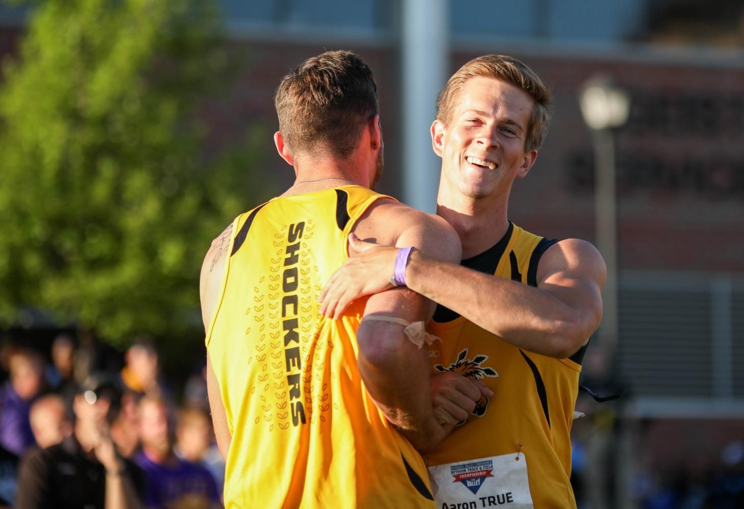 Aaron True hugs a teammate after winning the javelin with a throw of 229 feet 3 inches on Friday at the Missouri Valley Conference Outdoor Track and Field Championship. (May 12, 2017)