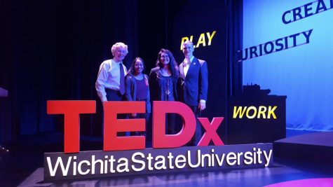TEDx speakers (from left to right) Dave Dahl, Aja Molinar and Christine Fuston and emcee Sam Belsan. Dahl, Molinar and Fuston presented in the second block of TEDxWichitaStateUniversity on Thursday. 