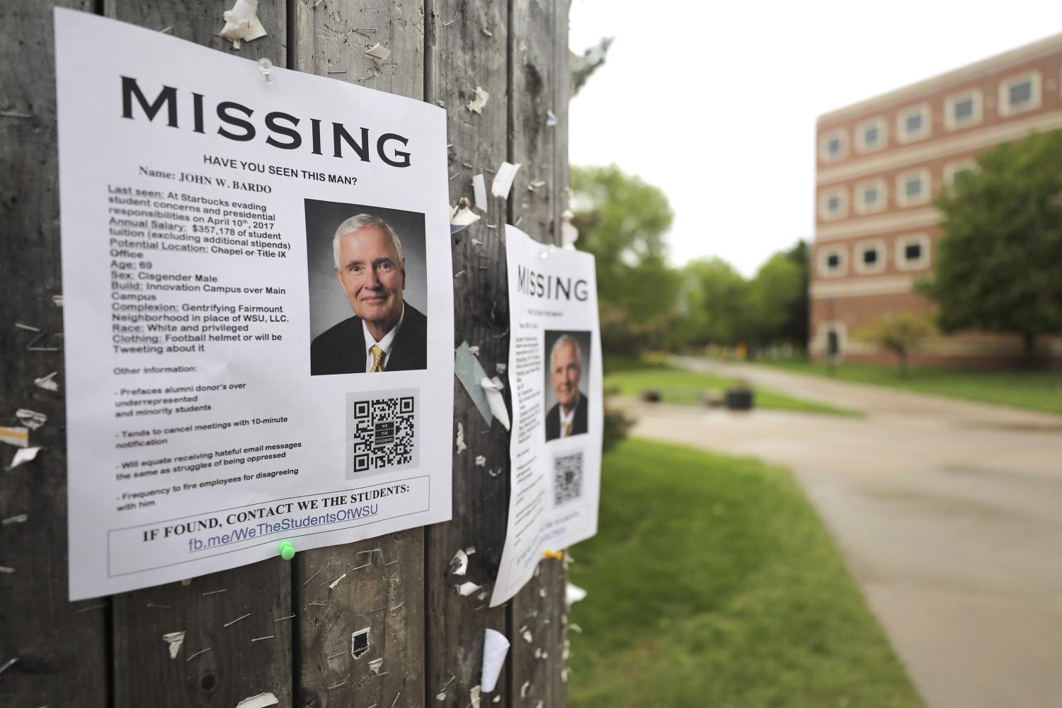 Dozens of posters appeared outside Lindquist Hall Thursday morning asking for the where abouts of President John
Bardo. They were removed within an hour, a source said.