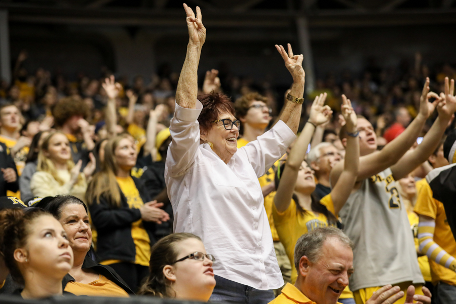 Fans celebrate during a men’s basketball game. (Feb. 18, 2017)