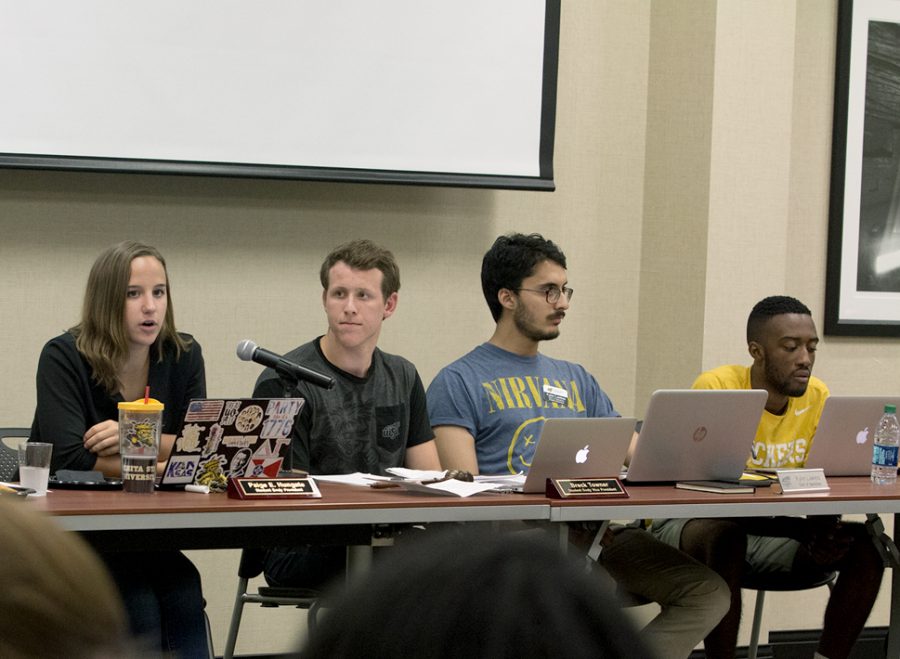 Left to right: Student Body President Paige Hungate, Student Body Vice President Breck Towner,  Chief of Operations Kylen Lawless, and Treasurer Marshall Johnson at a student senate meeting last semester.