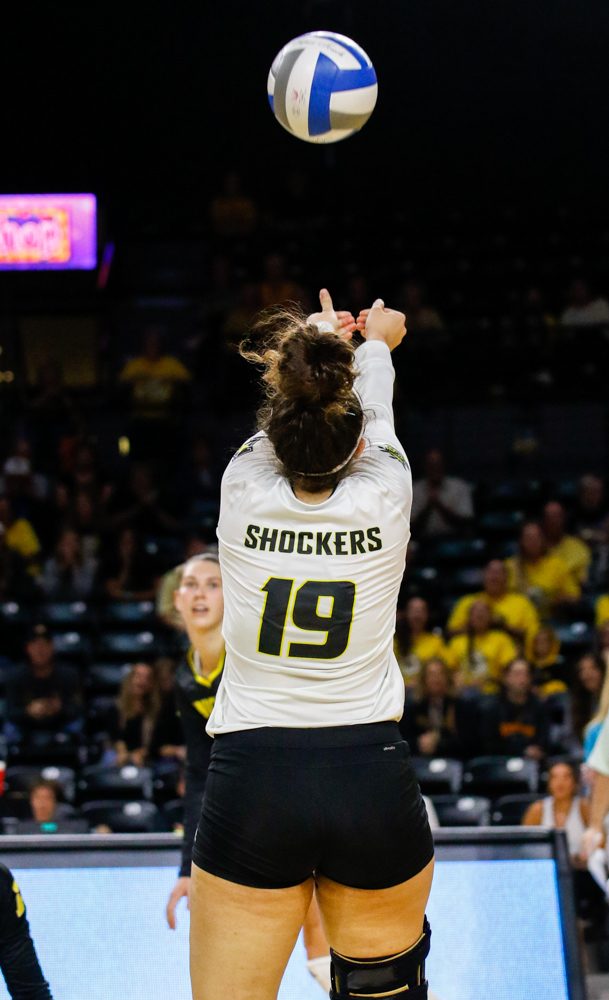 Wichita States Giorgia Civita (19) bumps the ball to her teammate against Iowa State on Sunday afternoon at Koch Arena. (Sept. 17, 2017)