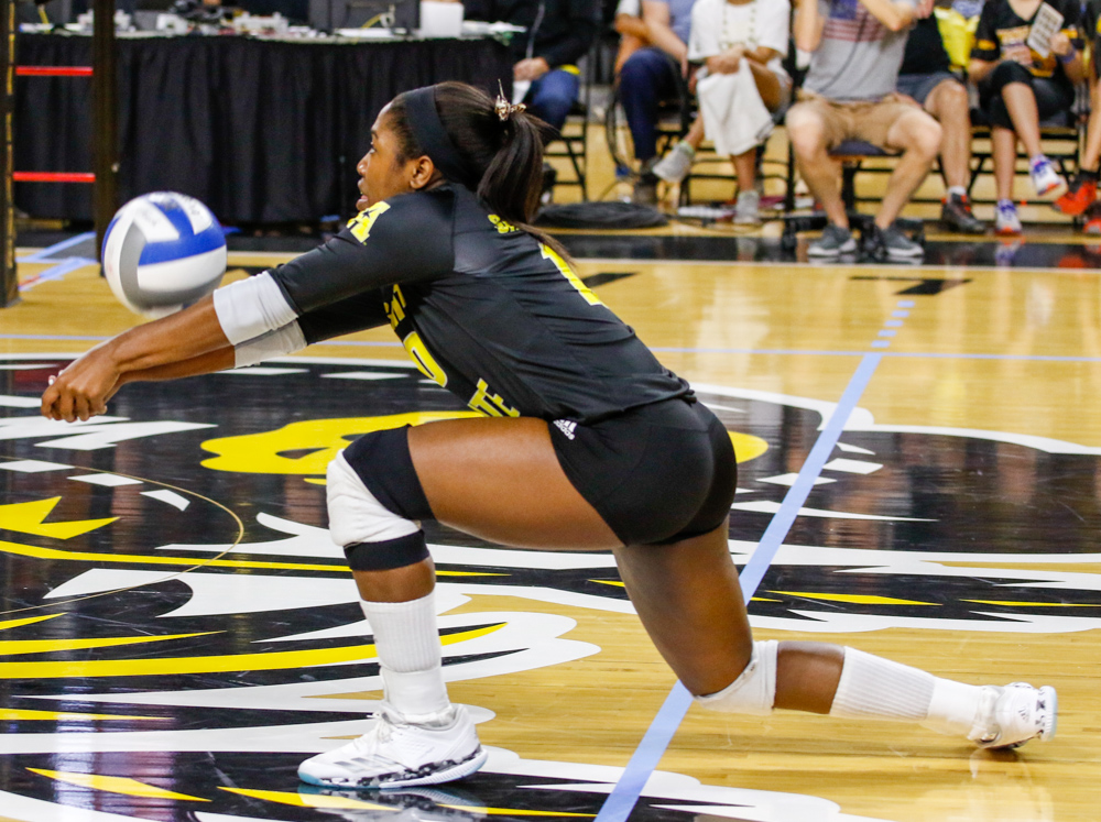 Wichita States Tabitha Brown (10) bumps the ball against Iowa State on Sunday afternoon at Koch Arena. (Sept. 17, 2017, file photo)