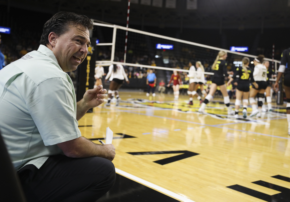 Coach Chris Lamb looks at his bench after a play during the match in Koch Arena. 