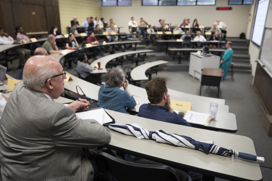 A Faculty Senate meeting held in October. The senate meets twice a month in Clinton Hall 126.
