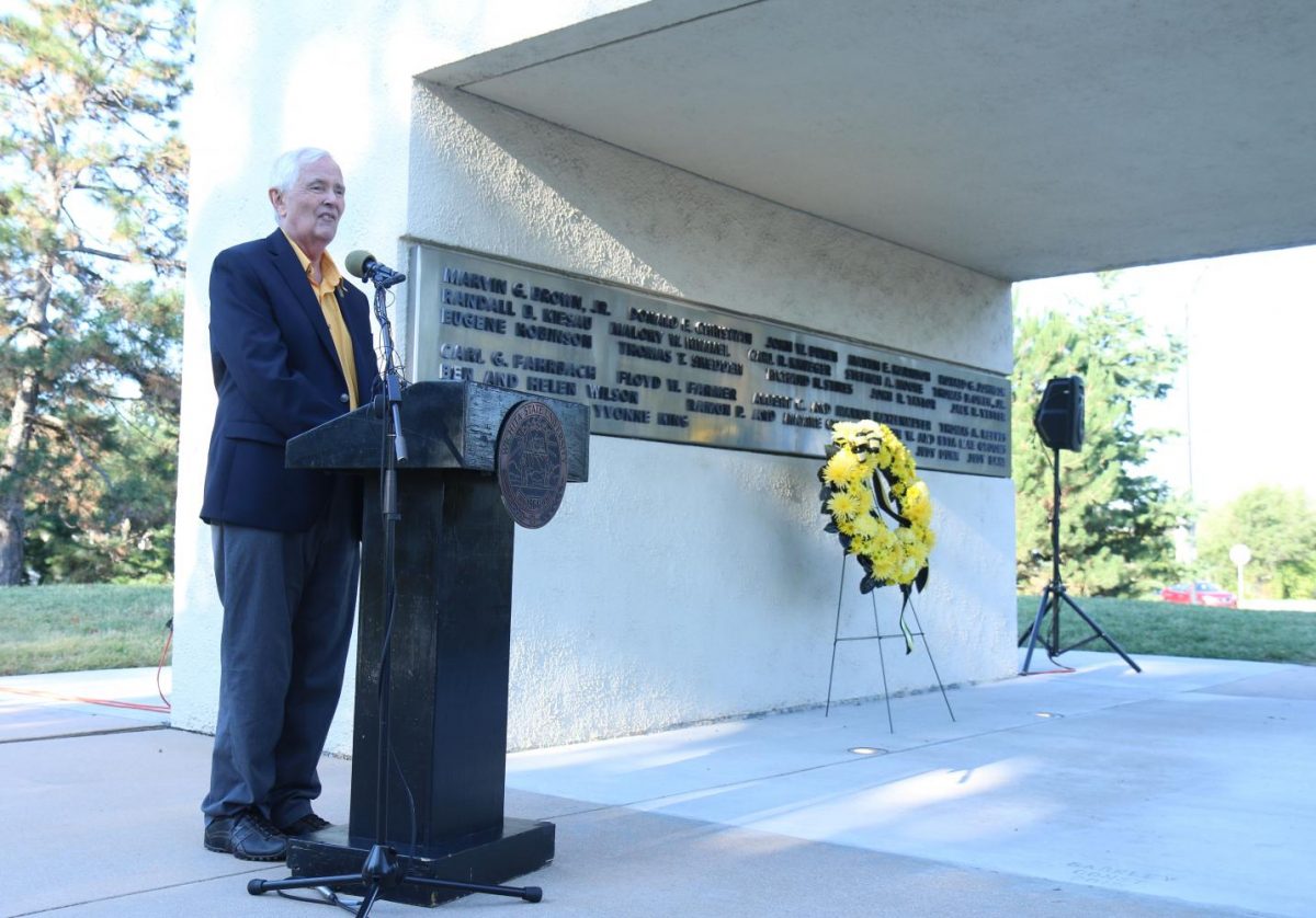 President Bardo gives a speech during the memorial held for the Wichita State football team. 