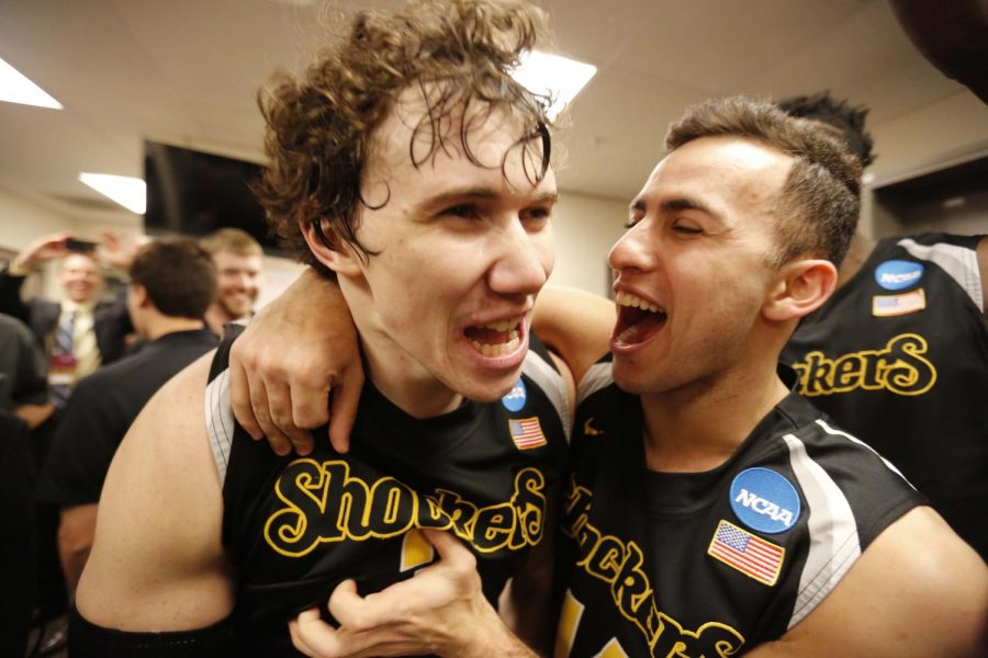 Former Shockers Evan Wessel and J.R. Simon celebrate. 