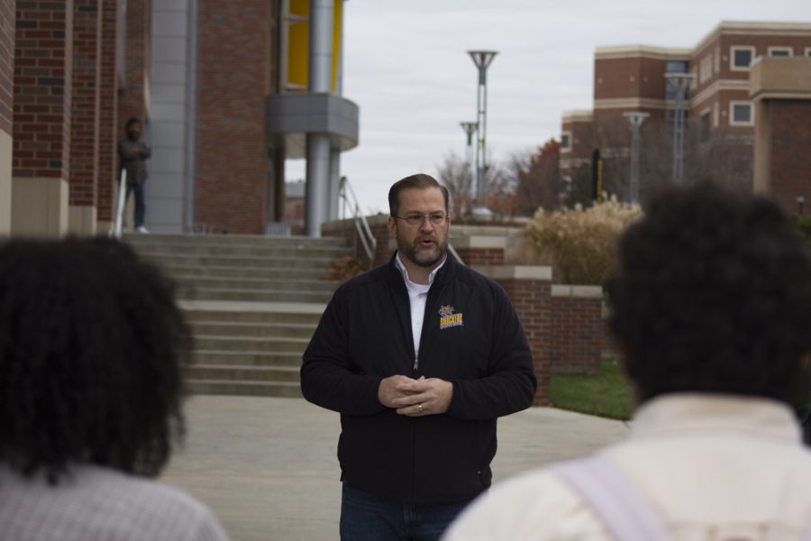 Civil rights lawyer and congressional candidate, James Thompson, speaking about the proposed tax reform outside of the Rhatigan Student Center Wednesday.
