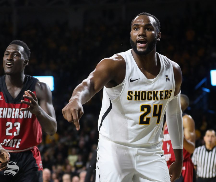 Wichita State Shockers center Shaquille Morris gestures after a play during the exhibition opener against Henderson State in Koch Arena.