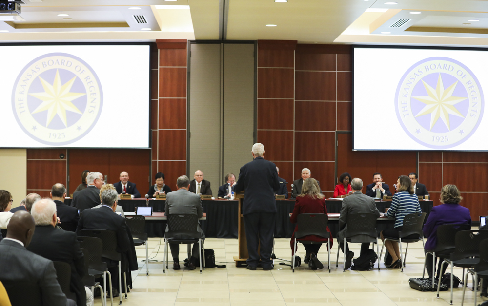 John Bardo makes opening statements to The Kansas Board of Regents meeting in the Beggs Ballroom in the Rhatigan Student Center.