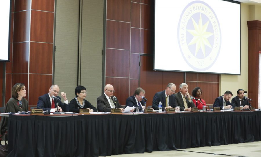 The Kansas Board of Regents meets in the Beggs Ballroom in the RSC. The board oversees public colleges and universities in Kansas.