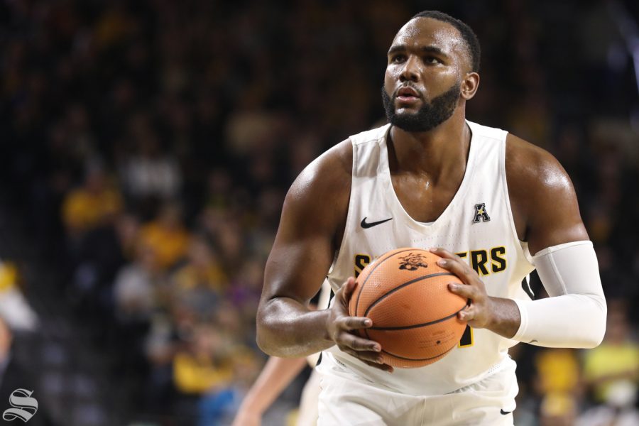 Wichita State center Shaquille Morris (24) attempts a free throw shot Saturday in Koch Arena. (Nov. 4, 2017)