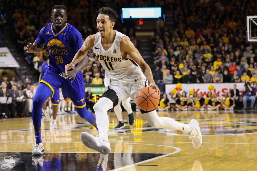 Wichita State guard Landry Shamet drives past a defender during their victory over UMKC. (Nov. 10, 2017)
