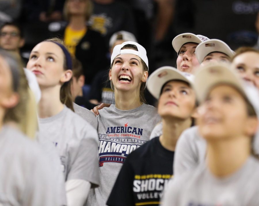 Senior Mikaela Raudsepp watches a higahlight reel of their season during senior day. (Nov. 24, 2017)