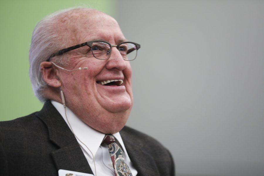 Dr. Ron Matson, dean of the School of Liberal Arts ad Sciences, shares a laugh with his students of the Men and Masculinity class.